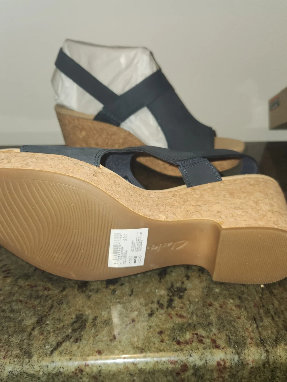 Clarks Open-Toe Navy Wedge 10 Wide Width Bnib